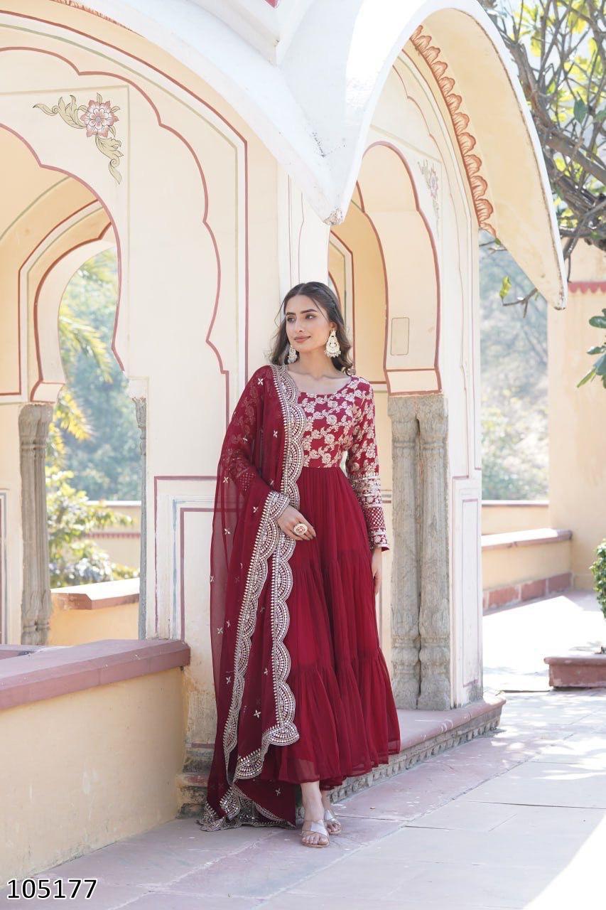 Designer Faux Blooming Gown with Sequins Embroidered Dupatta