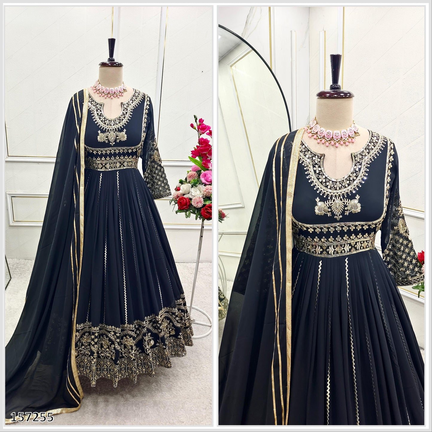 Premium Designer Party Wear Black Gown: Fox Georgette Gown with Pant & Dupatta – Heavy Sequins Embroidery