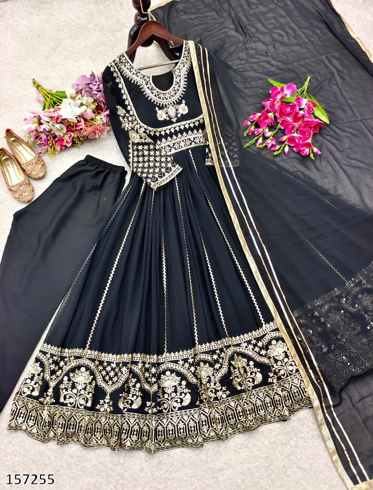 Premium Designer Party Wear Black Gown: Fox Georgette Gown with Pant & Dupatta – Heavy Sequins Embroidery