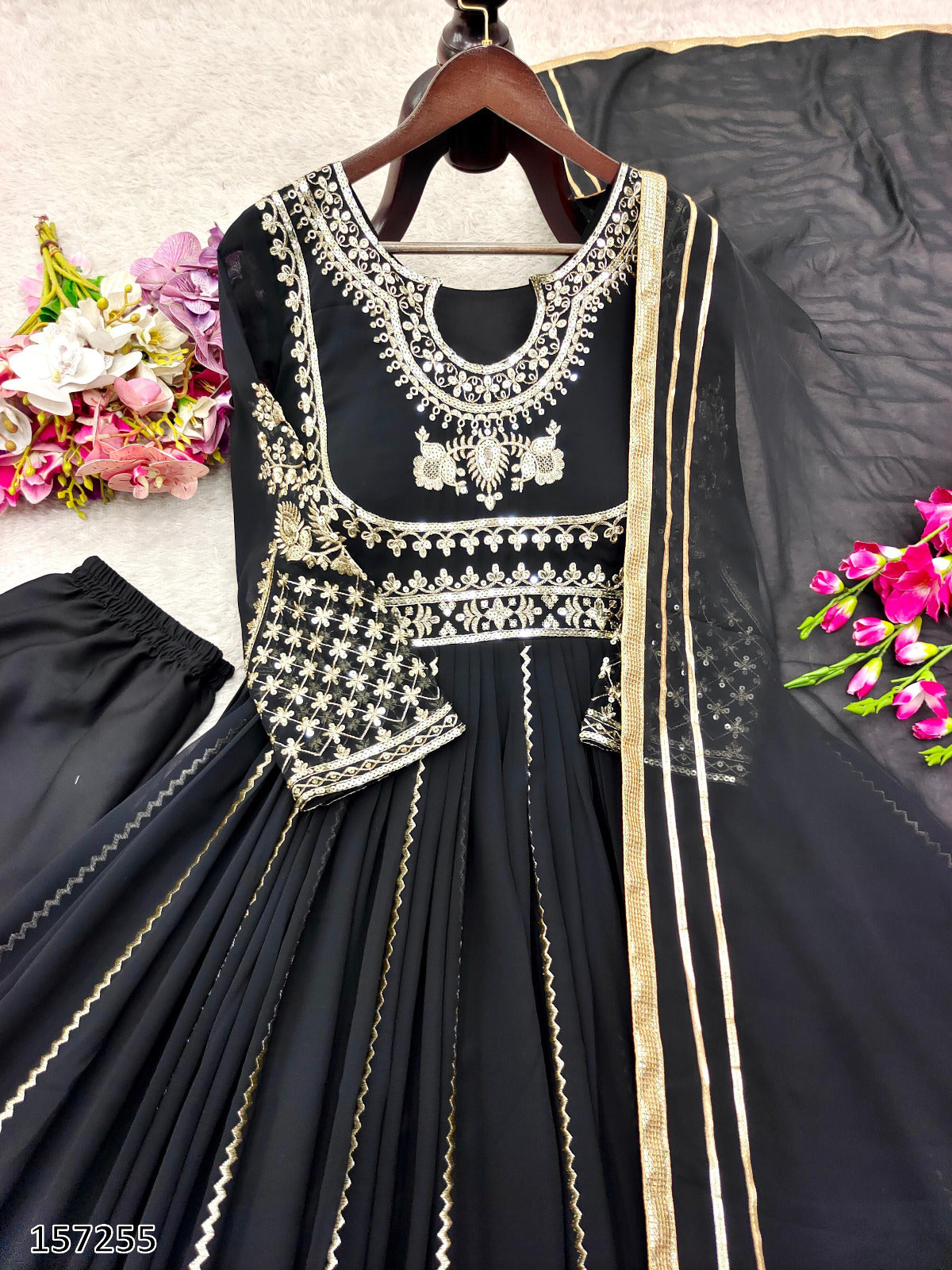 Premium Designer Party Wear Black Gown: Fox Georgette Gown with Pant & Dupatta – Heavy Sequins Embroidery