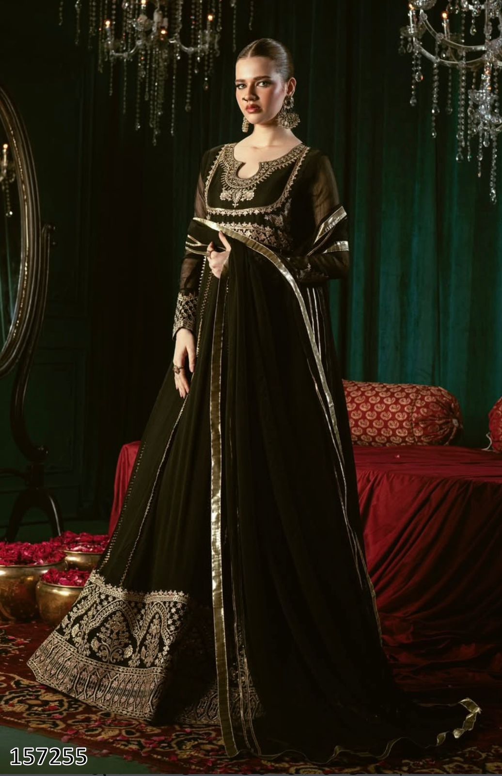 Premium Designer Party Wear Black Gown: Fox Georgette Gown with Pant & Dupatta – Heavy Sequins Embroidery