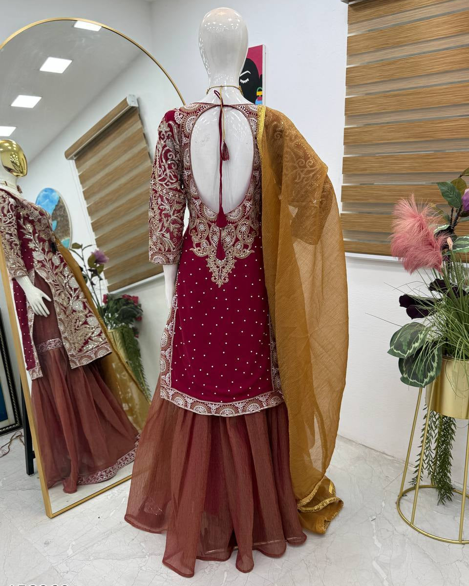 3-piece Designer Premium Party Wear Fox Georgette Top with Goldy Simar Palazzo & Dupatta
