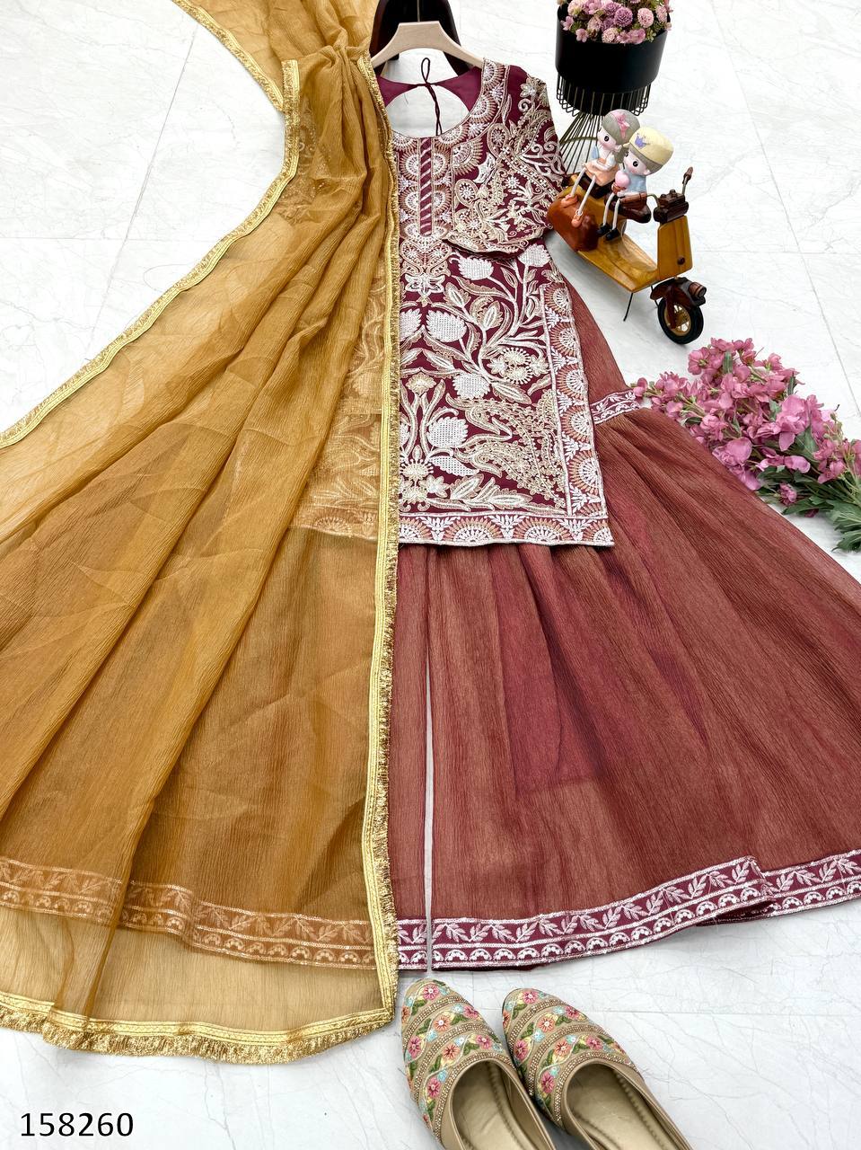 3-piece Designer Premium Party Wear Fox Georgette Top with Goldy Simar Palazzo & Dupatta