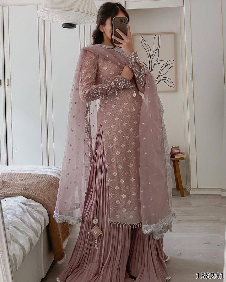 Festive and Party Look 3-Piece Stylish White and Light Purple Palazzo Suit Set