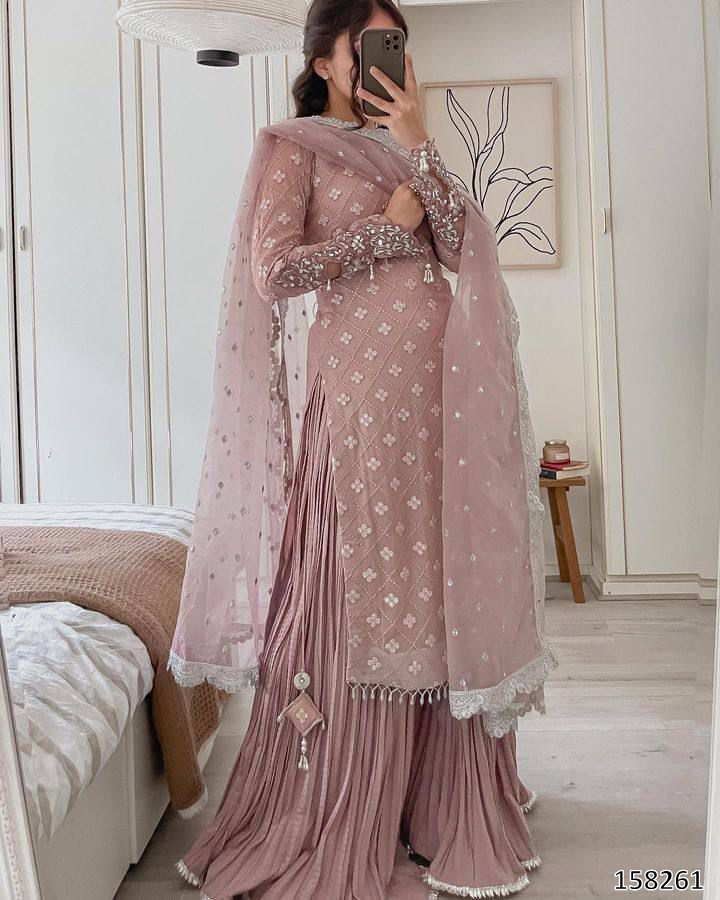 Festive and Party Look 3-Piece Stylish White and Light Purple Palazzo Suit Set