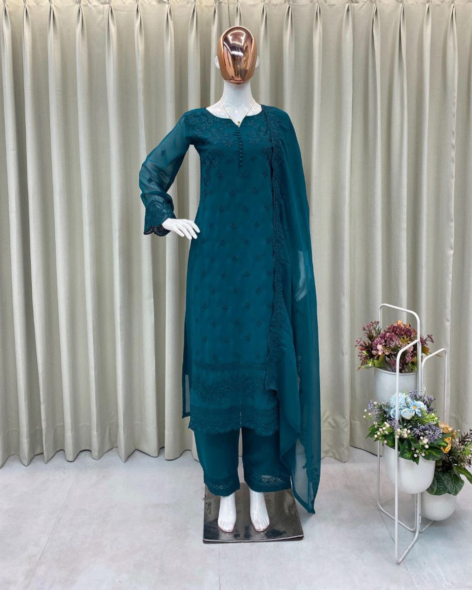 Designer Georgette Pumpum Neck Top with Embroidery, Pant & Dupatta – Trendy & Ready to Wear