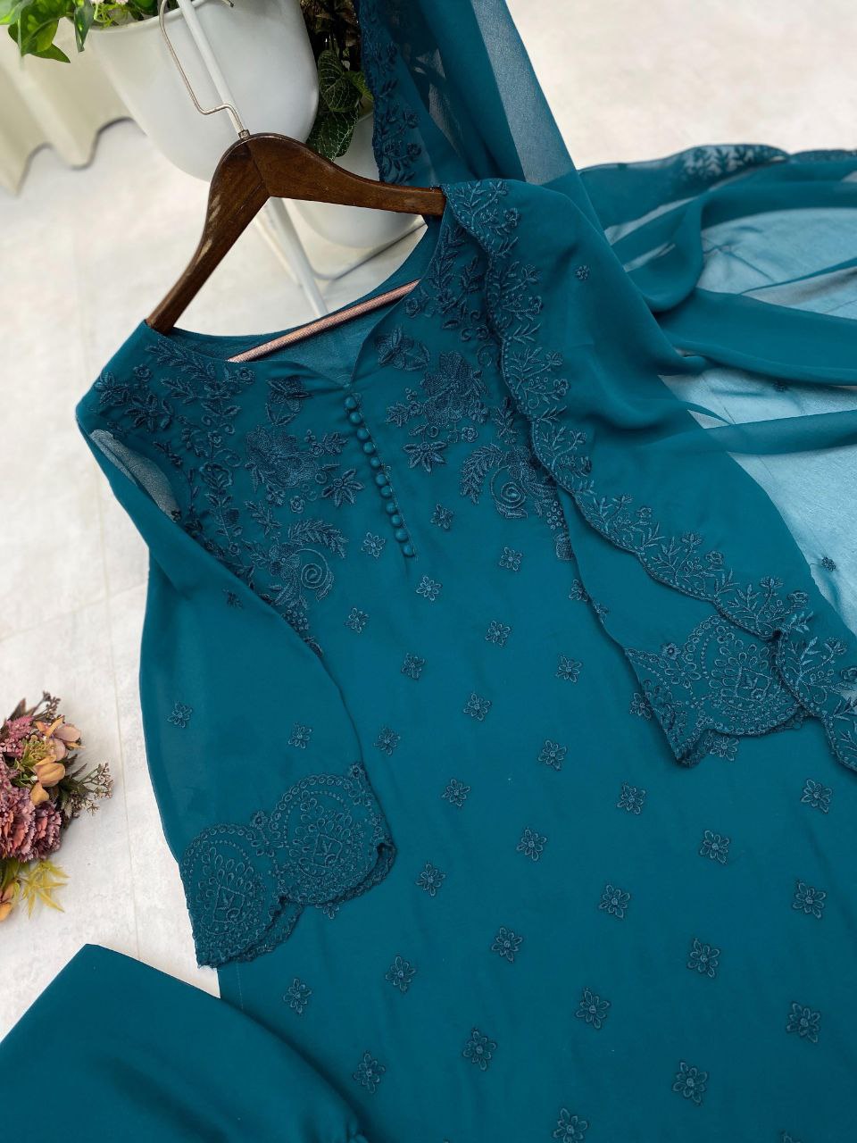 Designer Georgette Pumpum Neck Top with Embroidery, Pant & Dupatta – Trendy & Ready to Wear