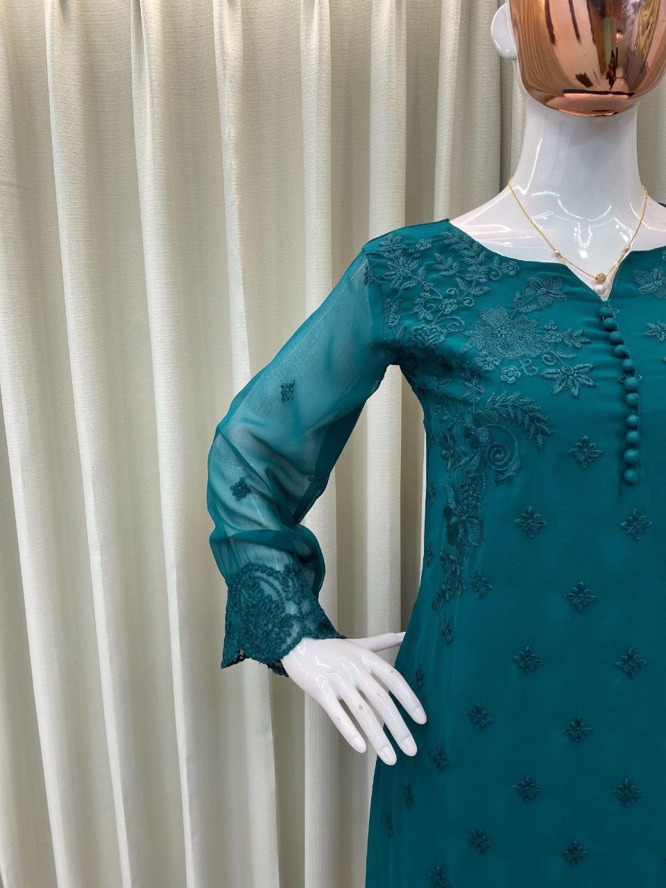 Designer Georgette Pumpum Neck Top with Embroidery, Pant & Dupatta – Trendy & Ready to Wear