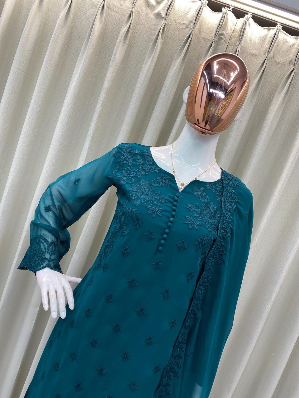 Designer Georgette Pumpum Neck Top with Embroidery, Pant & Dupatta – Trendy & Ready to Wear