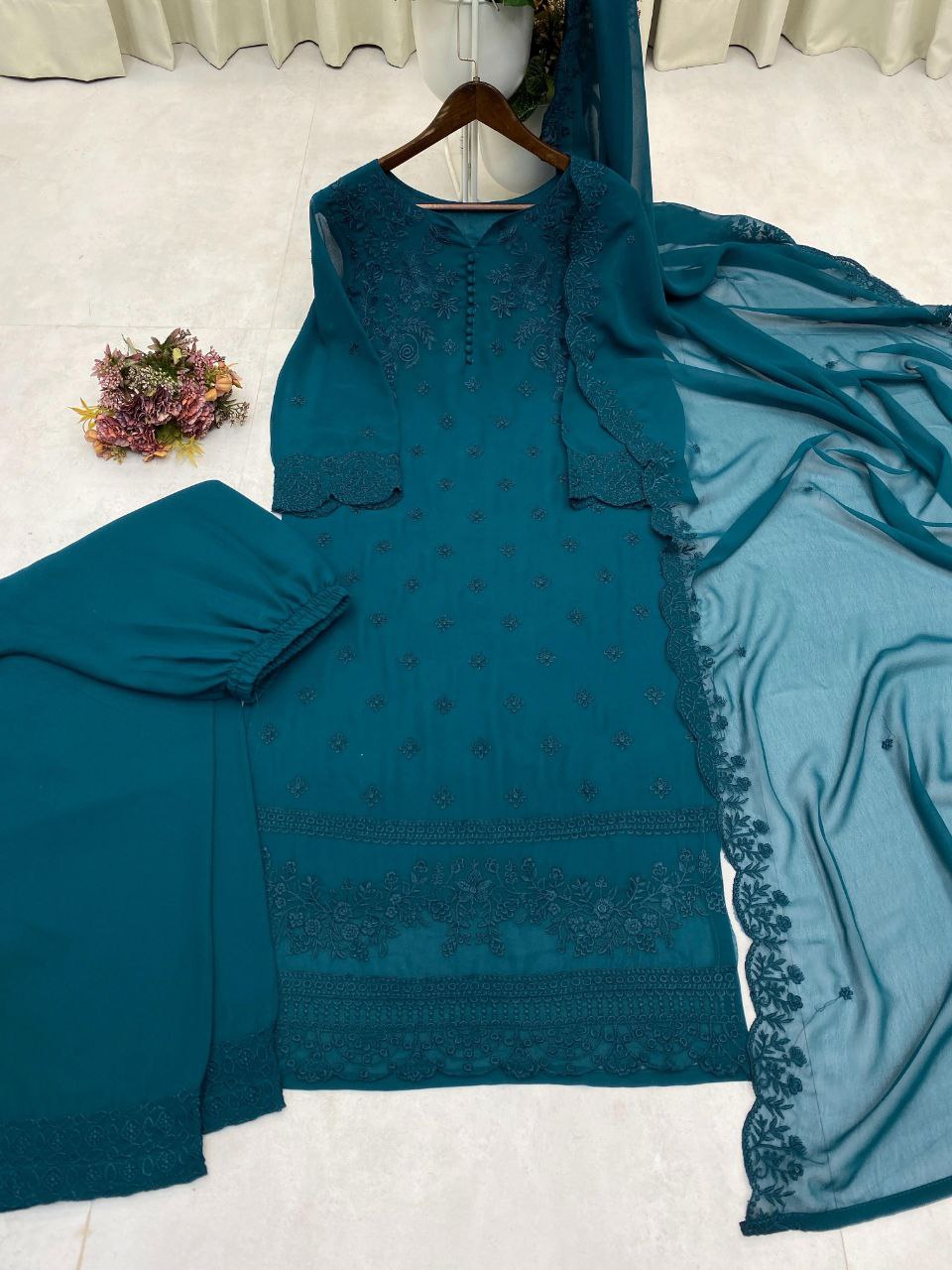 Designer Georgette Pumpum Neck Top with Embroidery, Pant & Dupatta – Trendy & Ready to Wear