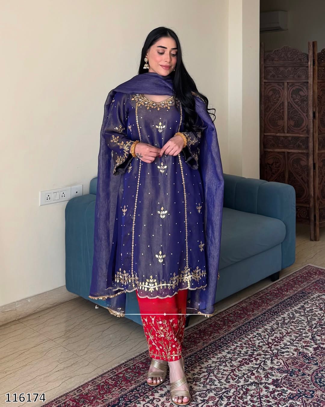 Purple Premium Designer 3-Piece Set: Heavy Gold Crushed Silk Kurti Plazzo with Dupatta Set