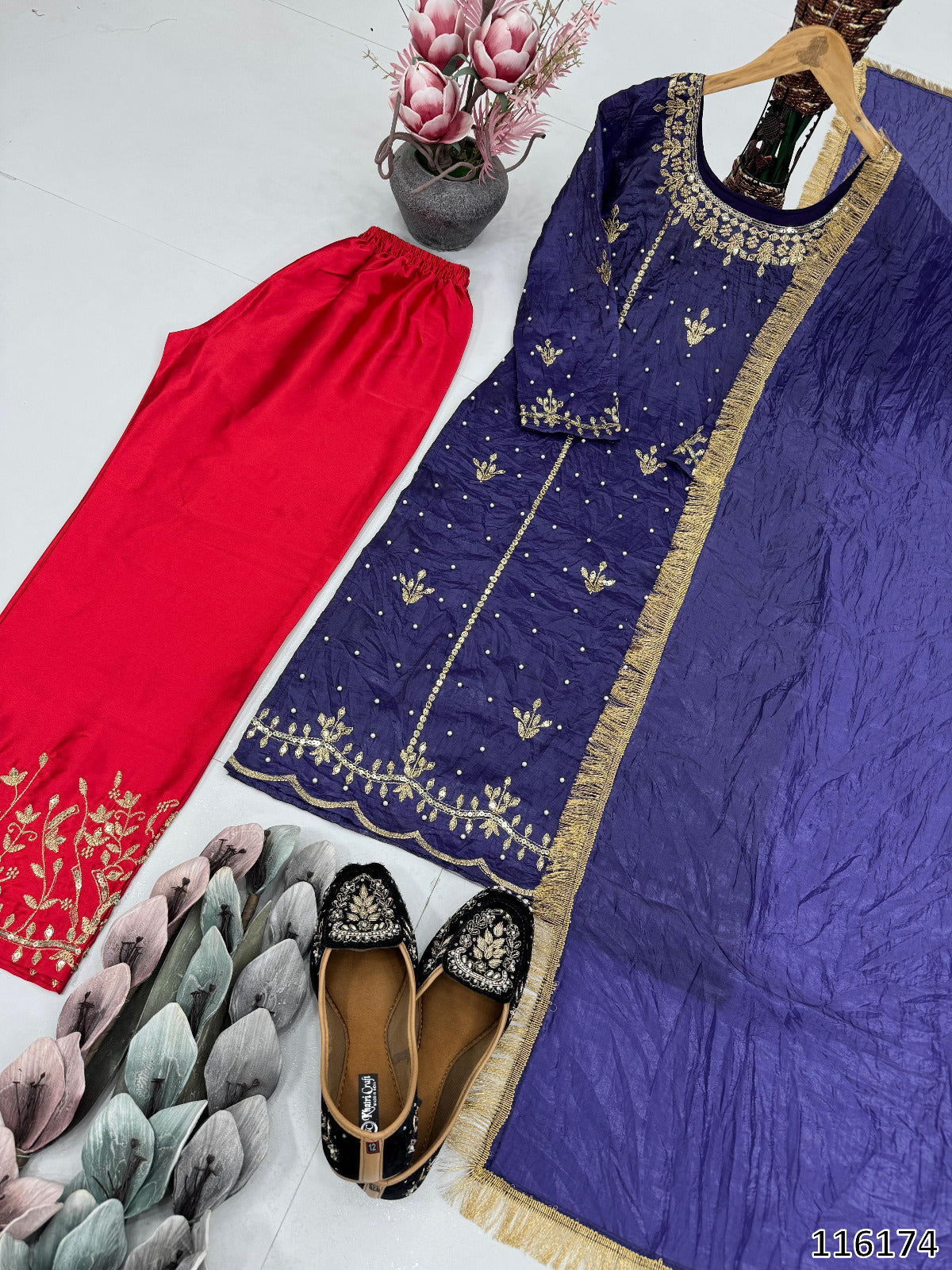 Purple Premium Designer 3-Piece Set: Heavy Gold Crushed Silk Kurti Plazzo with Dupatta Set