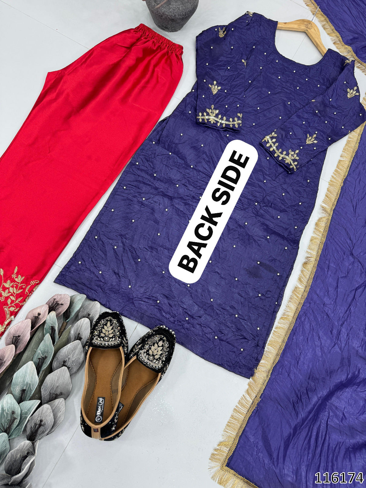 Purple Premium Designer 3-Piece Set: Heavy Gold Crushed Silk Kurti Plazzo with Dupatta Set