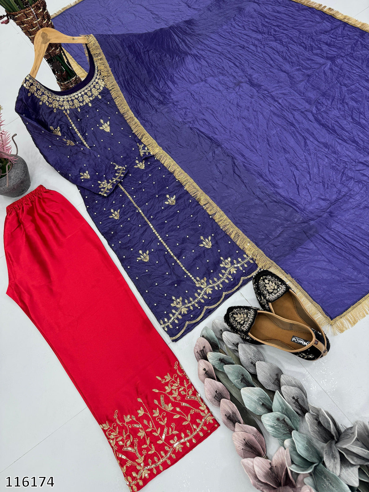 Purple Premium Designer 3-Piece Set: Heavy Gold Crushed Silk Kurti Plazzo with Dupatta Set