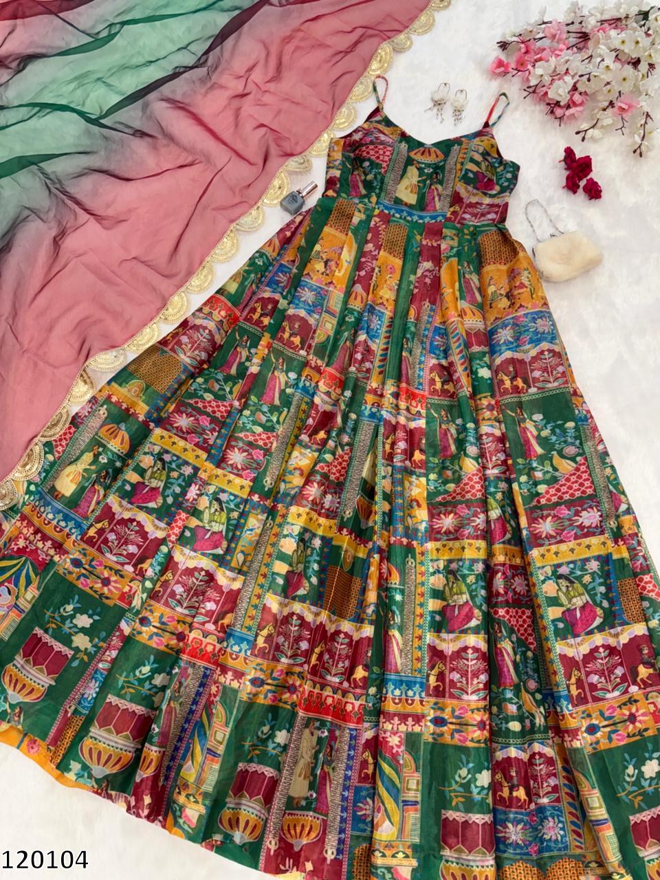 Designer Jimmy Organza Silk Digital Print Anarkali Gown with Georgette Dupatta