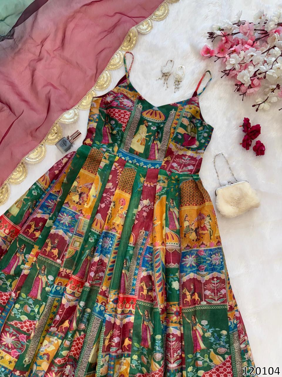 Designer Jimmy Organza Silk Digital Print Anarkali Gown with Georgette Dupatta