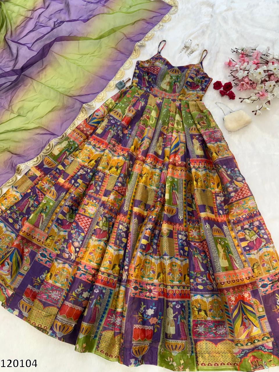 Designer Jimmy Organza Silk Digital Print Anarkali Gown with Georgette Dupatta
