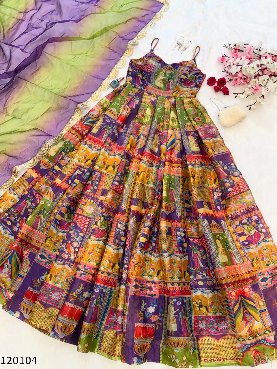 Designer Jimmy Organza Silk Digital Print Anarkali Gown with Georgette Dupatta