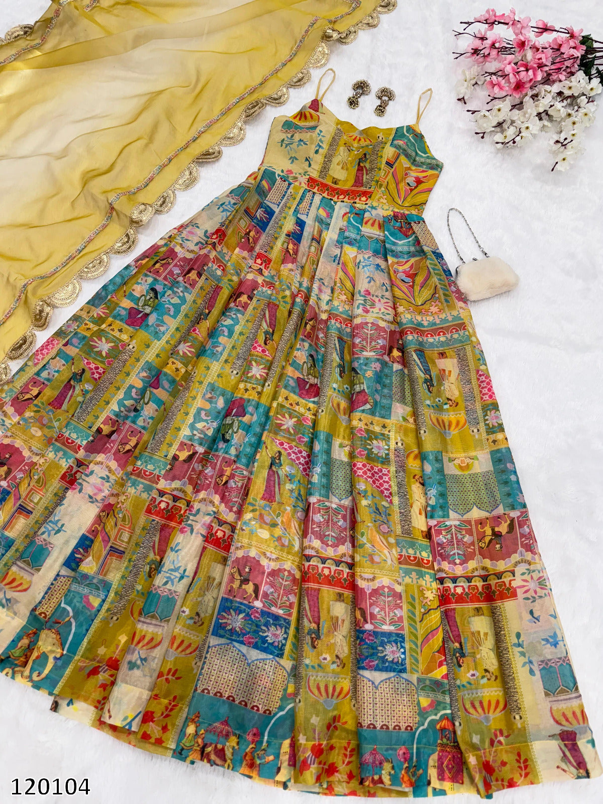 Designer Jimmy Organza Silk Digital Print Anarkali Gown with Georgette Dupatta
