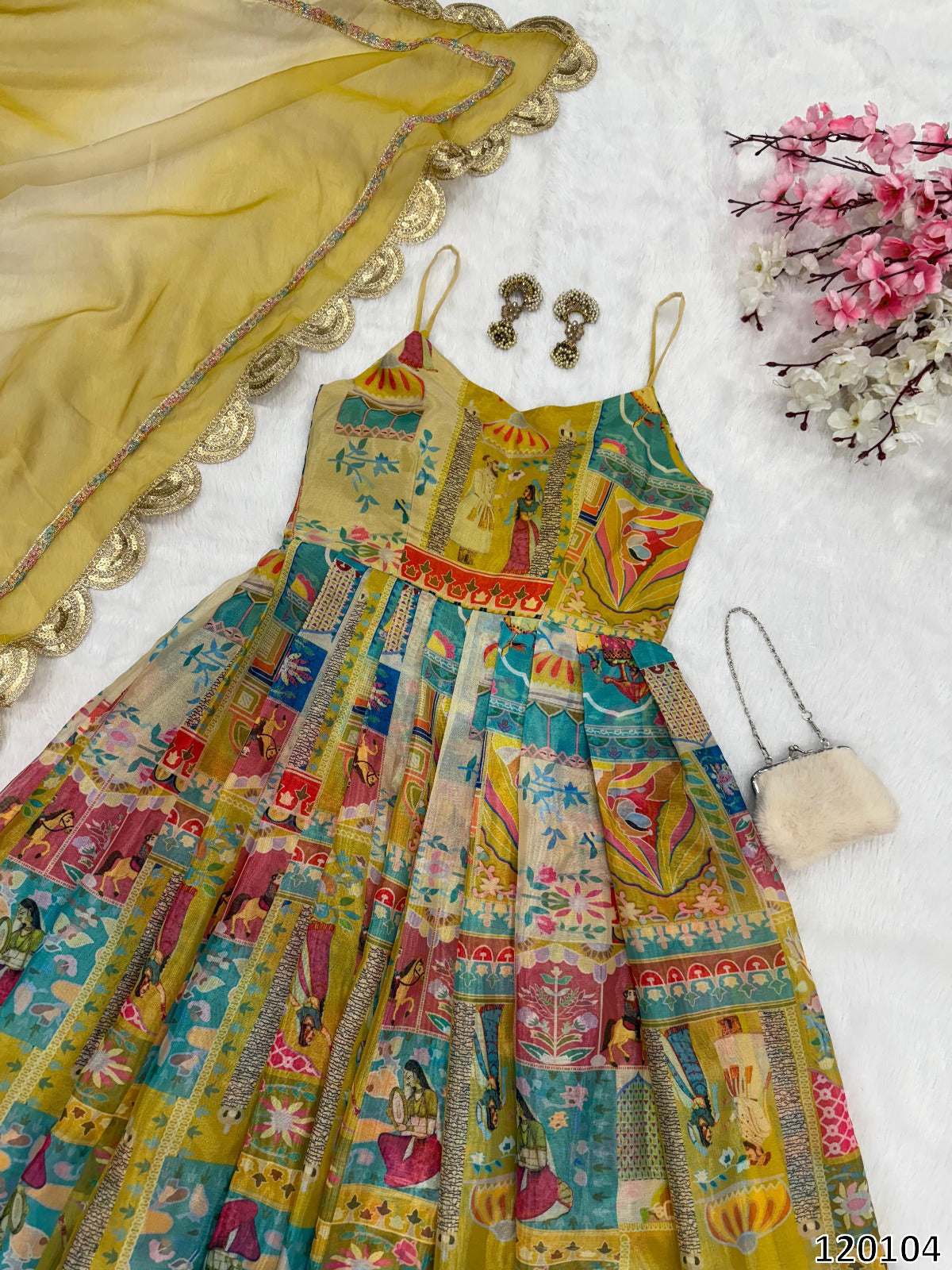 Designer Jimmy Organza Silk Digital Print Anarkali Gown with Georgette Dupatta