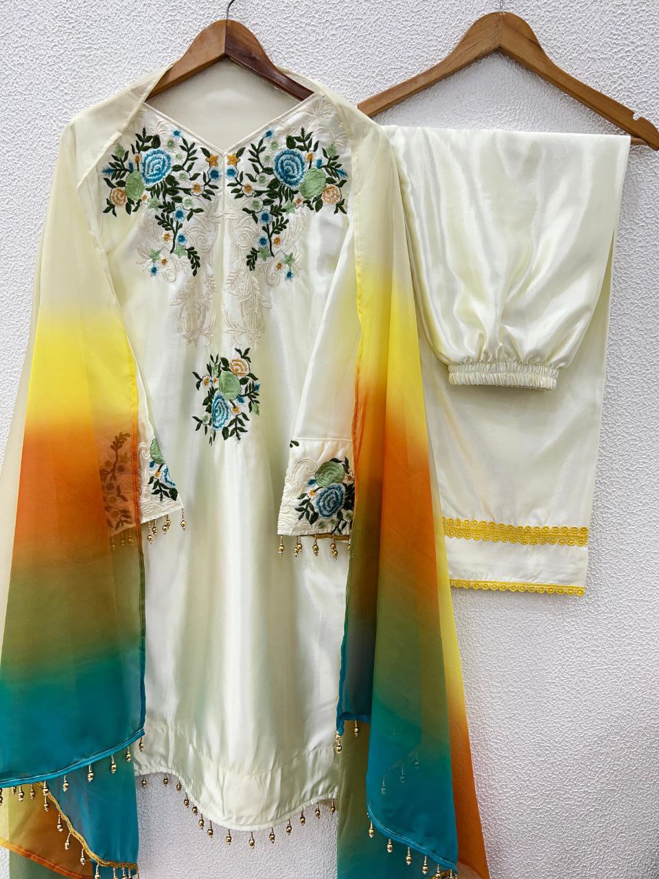 Designer Moss Satin Embroidered Top with Plazzo & Organza Dupatta | Party Wear Set