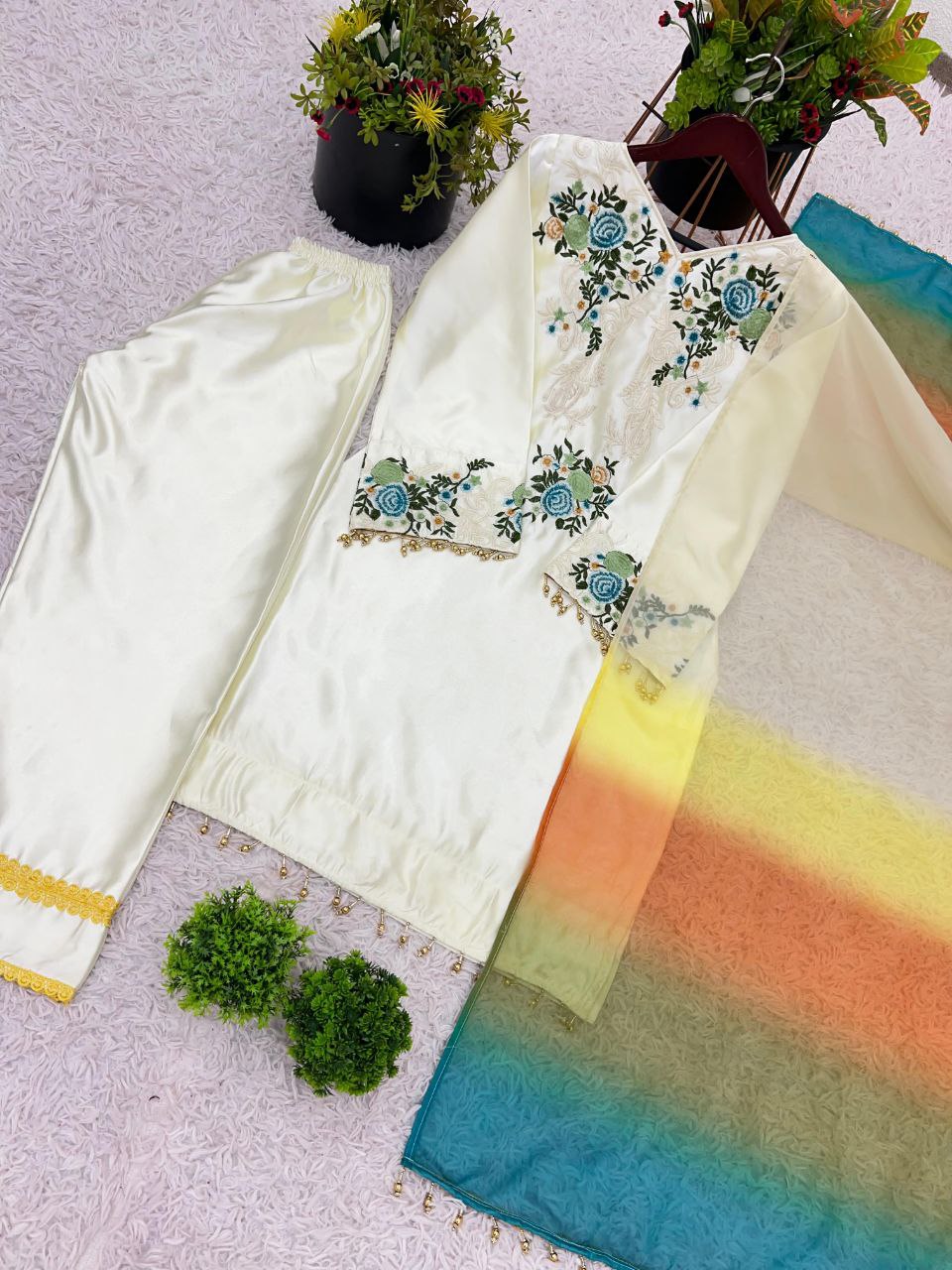 Designer Moss Satin Embroidered Top with Plazzo & Organza Dupatta | Party Wear Set