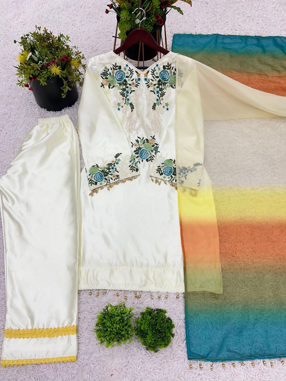Designer Moss Satin Embroidered Top with Plazzo & Organza Dupatta | Party Wear Set