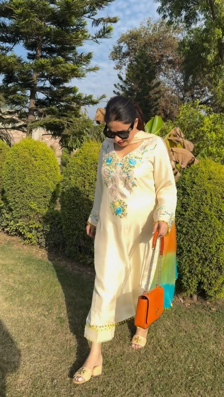 Designer Moss Satin Embroidered Top with Plazzo & Organza Dupatta | Party Wear Set