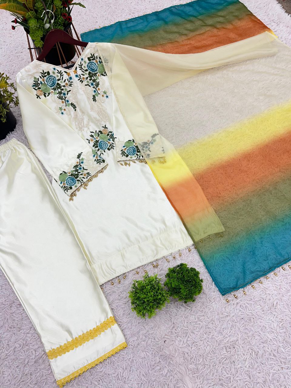 Designer Moss Satin Embroidered Top with Plazzo & Organza Dupatta | Party Wear Set