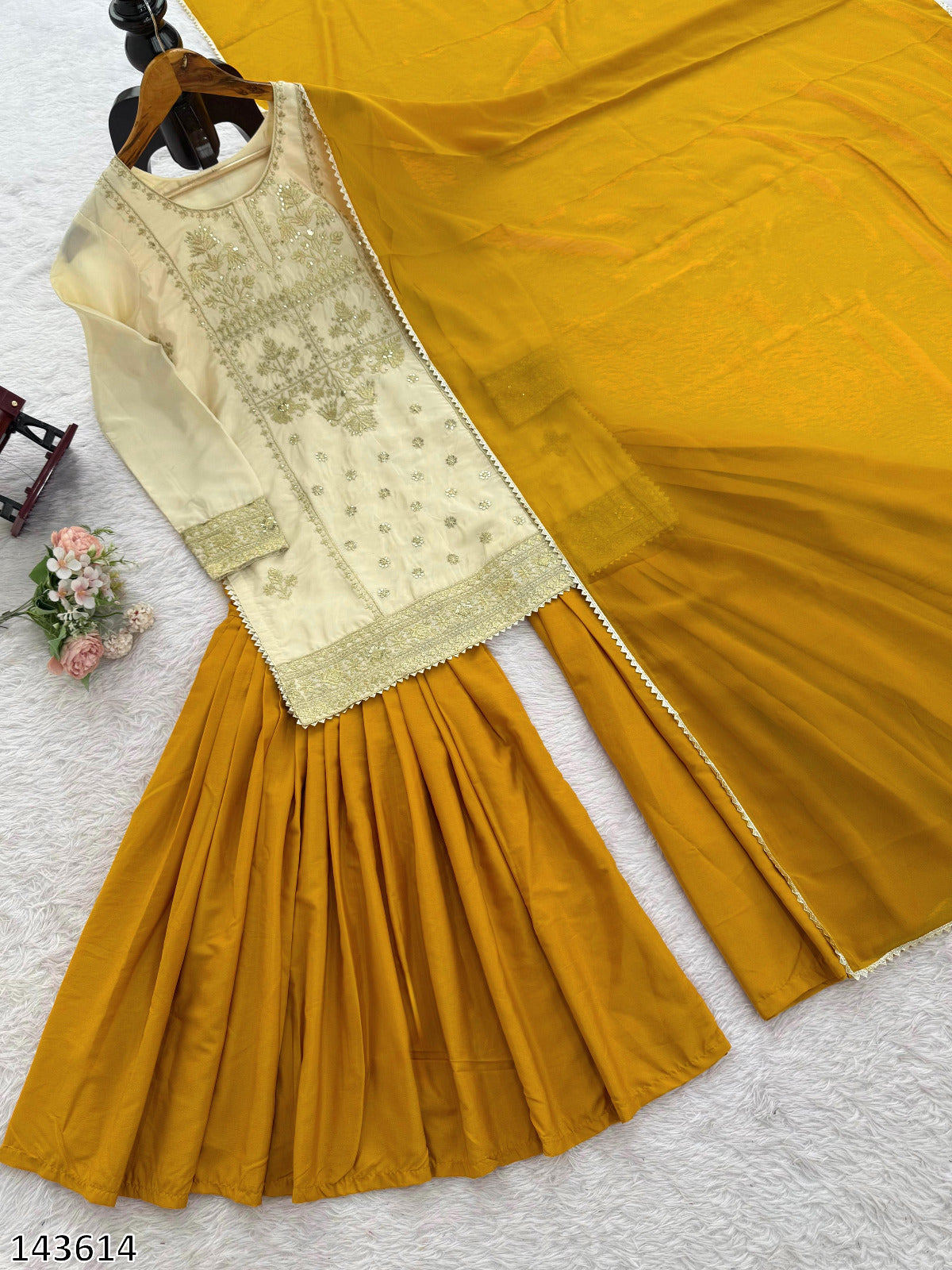 Premium 3 Piece Golden Sharara Set with Natural Crepe Fabric With Rich Detailing