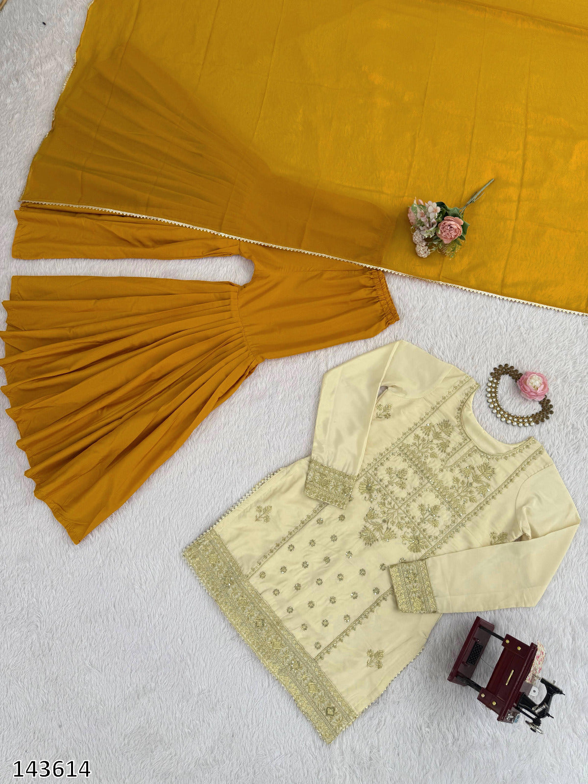 Premium 3 Piece Golden Sharara Set with Natural Crepe Fabric With Rich Detailing