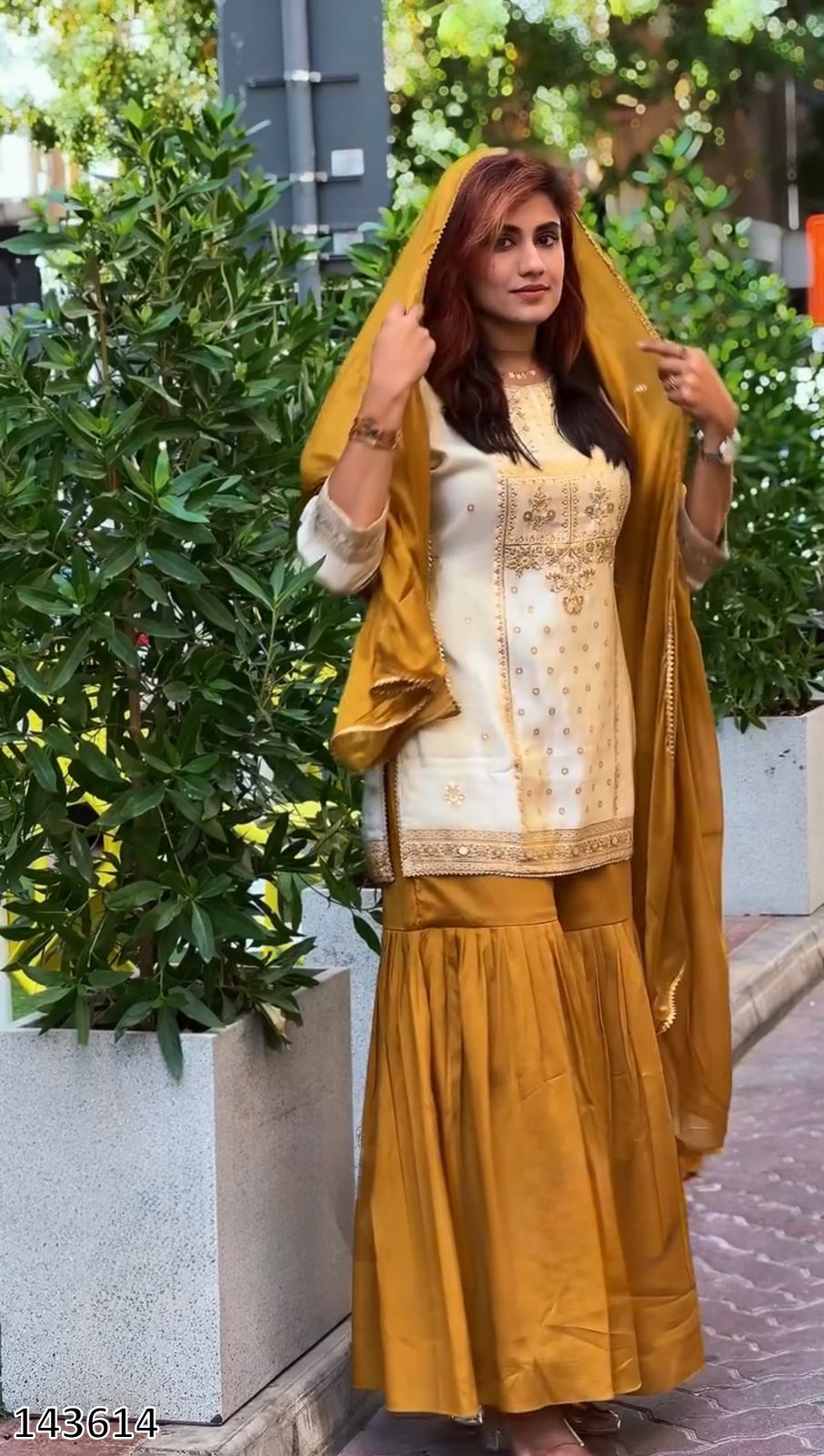 Premium 3 Piece Golden Sharara Set with Natural Crepe Fabric With Rich Detailing