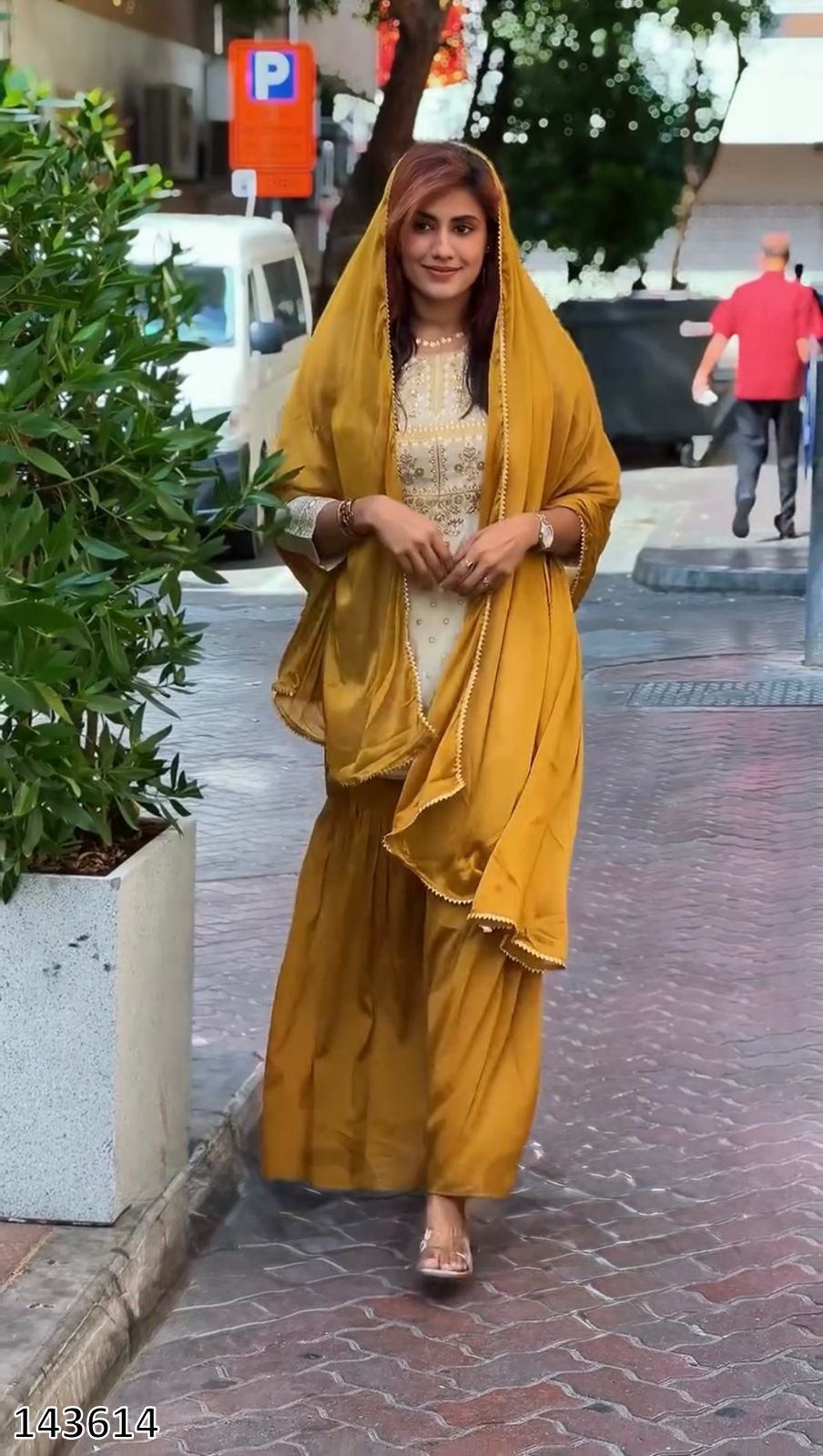 Premium 3 Piece Golden Sharara Set with Natural Crepe Fabric With Rich Detailing