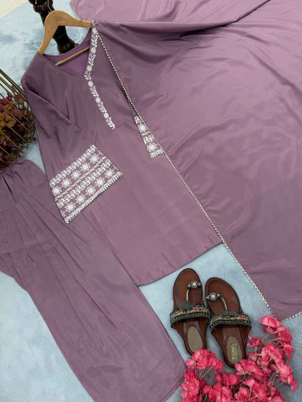 Designer Natural Satin Top with Farshi Plazzo & Dupatta | Embroidery Work | Fully Stitched Party Wear Set