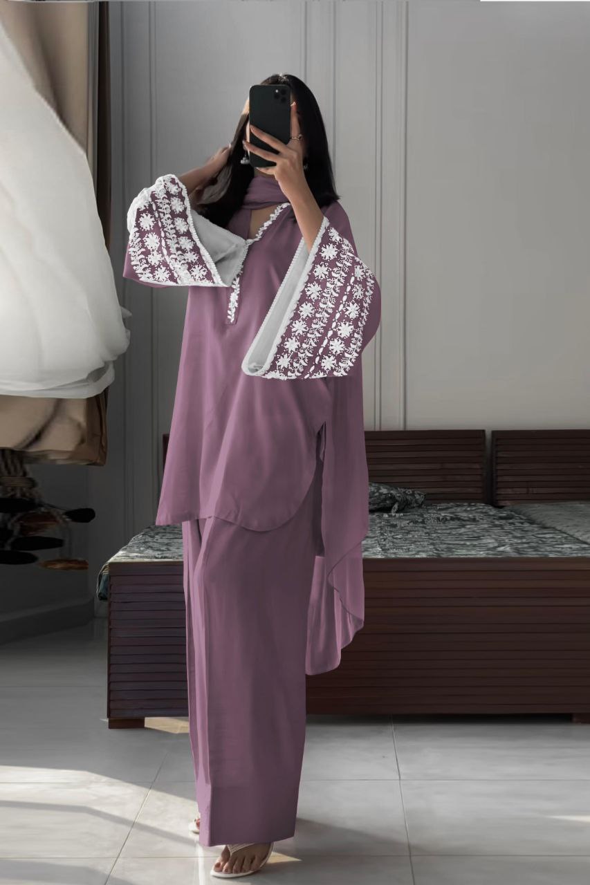 Designer Natural Satin Top with Farshi Plazzo & Dupatta | Embroidery Work | Fully Stitched Party Wear Set
