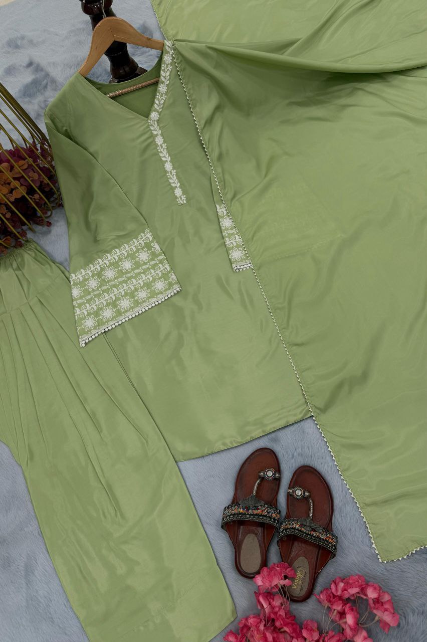 Designer Natural Satin Top with Farshi Plazzo & Dupatta | Embroidery Work | Fully Stitched Party Wear Set
