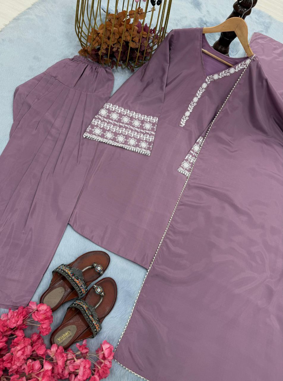 Designer Natural Satin Top with Farshi Plazzo & Dupatta | Embroidery Work | Fully Stitched Party Wear Set