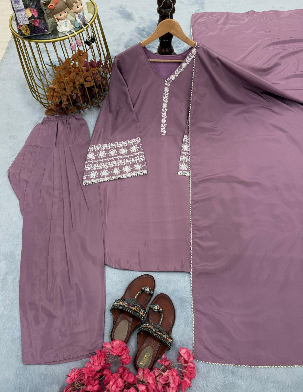 Designer Natural Satin Top with Farshi Plazzo & Dupatta | Embroidery Work | Fully Stitched Party Wear Set