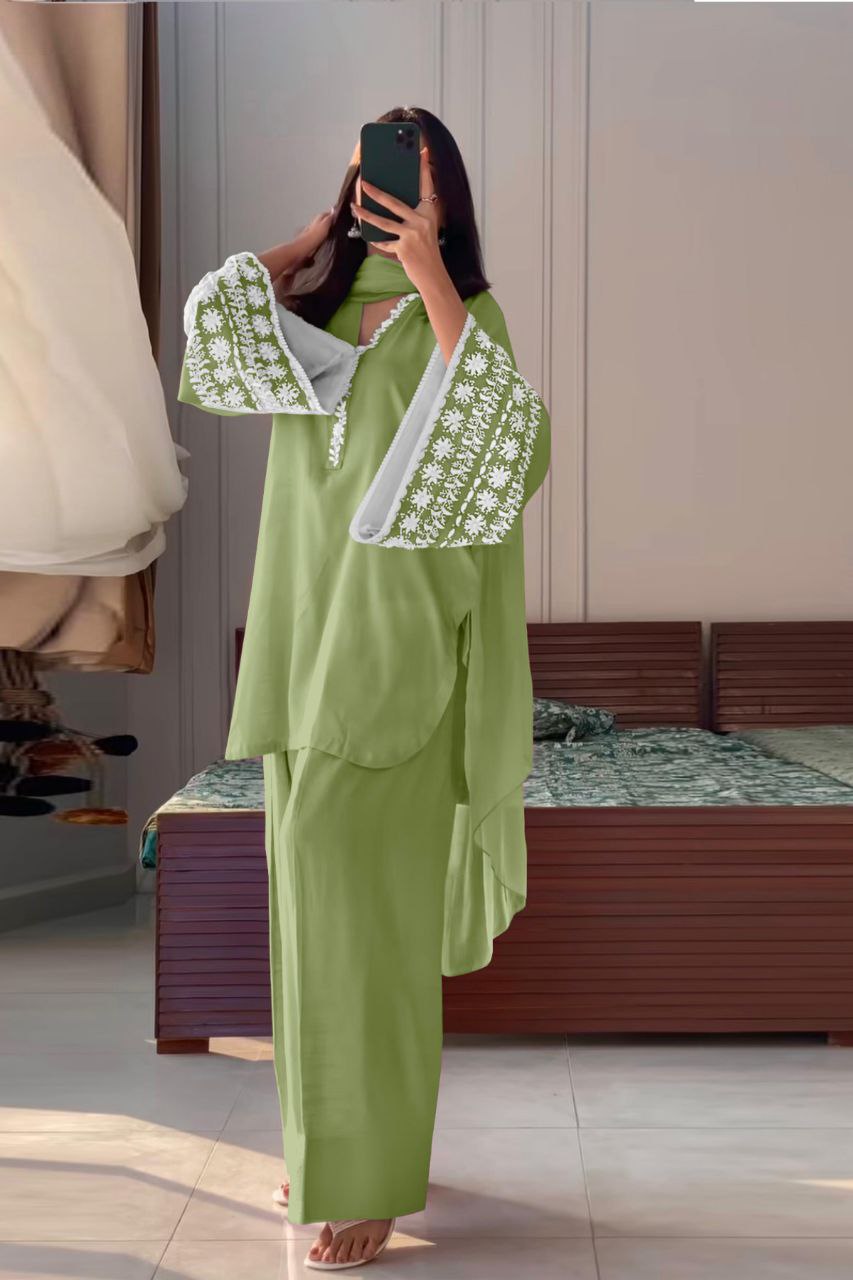 Designer Natural Satin Top with Farshi Plazzo & Dupatta | Embroidery Work | Fully Stitched Party Wear Set