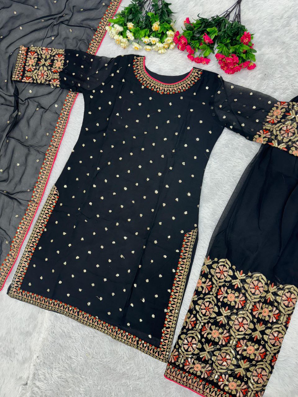 Designer Pakistani Sharara Suit – Faux Georgette with Heavy Embroidery & Sequins Work
