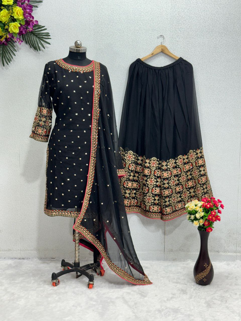 Designer Pakistani Sharara Suit – Faux Georgette with Heavy Embroidery & Sequins Work