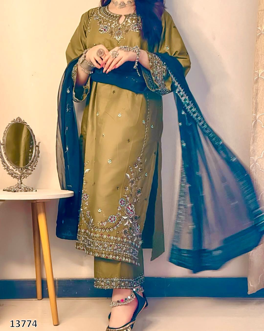 Designer Party Wear 3-Piece Palazzo Suit Collection – Heavy Roman Silk with Embroidered Sequence Work