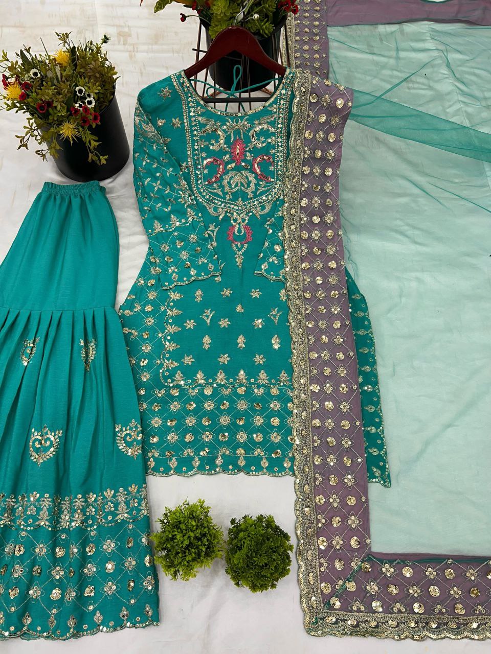 Designer Party Wear Chinon Silk Sharara Set with Dupatta – Heavy Embroidery & Sequence Work | Readymade Suit for Women