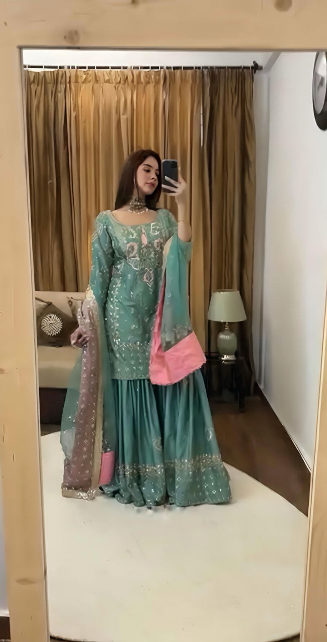 Designer Party Wear Chinon Silk Sharara Set with Dupatta – Heavy Embroidery & Sequence Work | Readymade Suit for Women