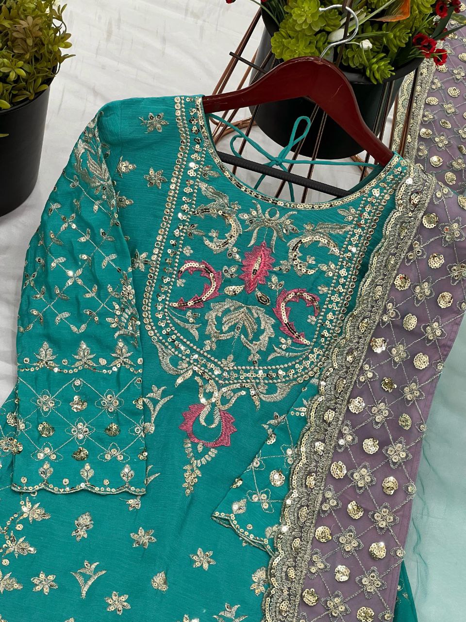 Designer Party Wear Chinon Silk Sharara Set with Dupatta – Heavy Embroidery & Sequence Work | Readymade Suit for Women