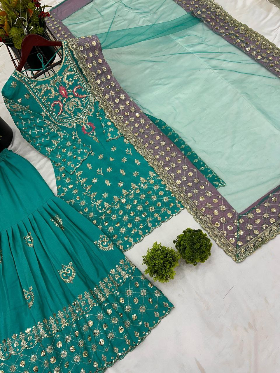 Designer Party Wear Chinon Silk Sharara Set with Dupatta – Heavy Embroidery & Sequence Work | Readymade Suit for Women