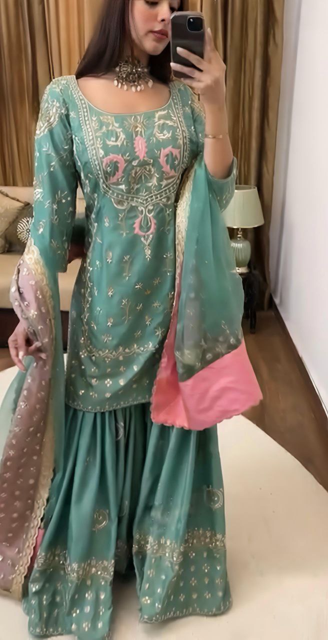 Designer Party Wear Chinon Silk Sharara Set with Dupatta – Heavy Embroidery & Sequence Work | Readymade Suit for Women