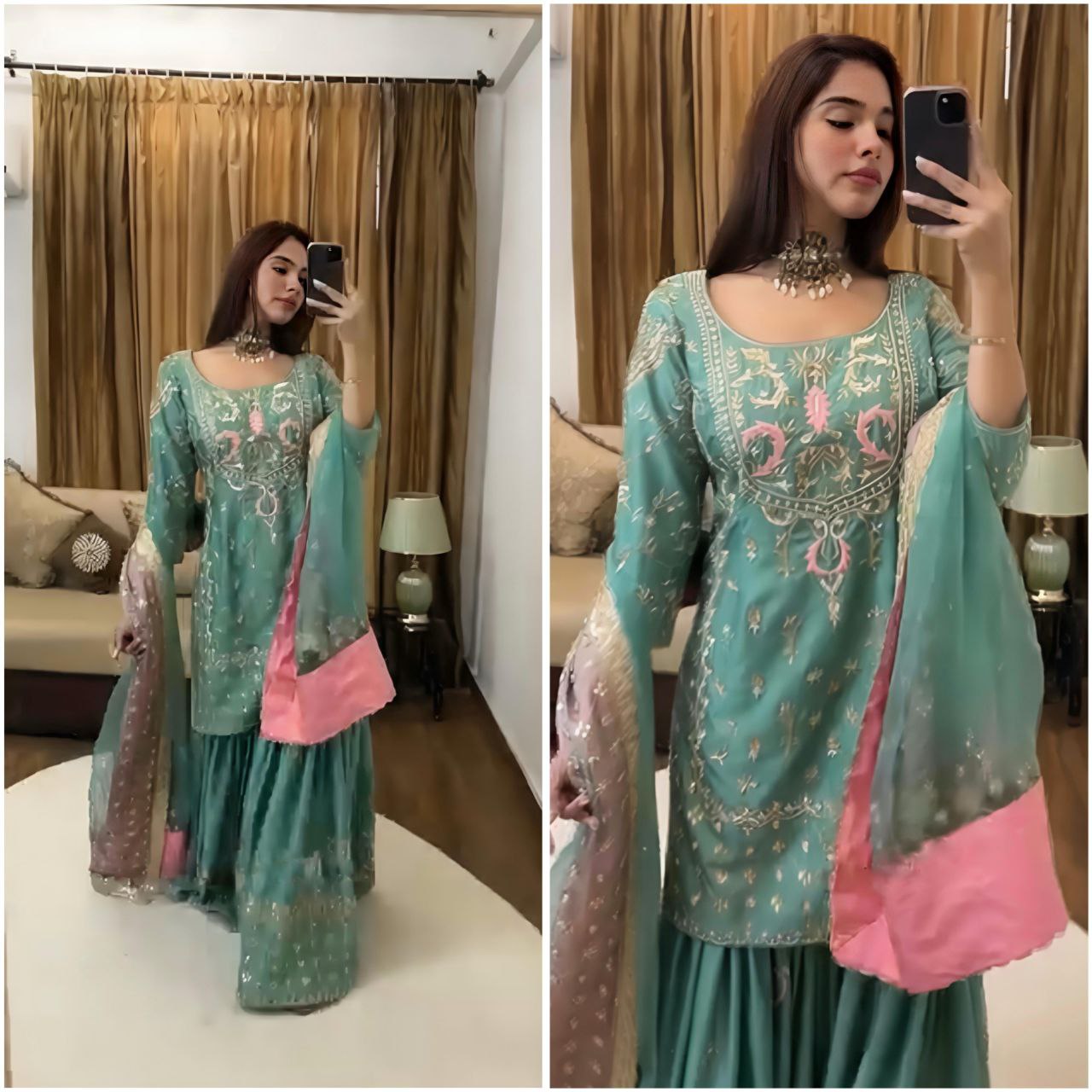 Designer Party Wear Chinon Silk Sharara Set with Dupatta – Heavy Embroidery & Sequence Work | Readymade Suit for Women