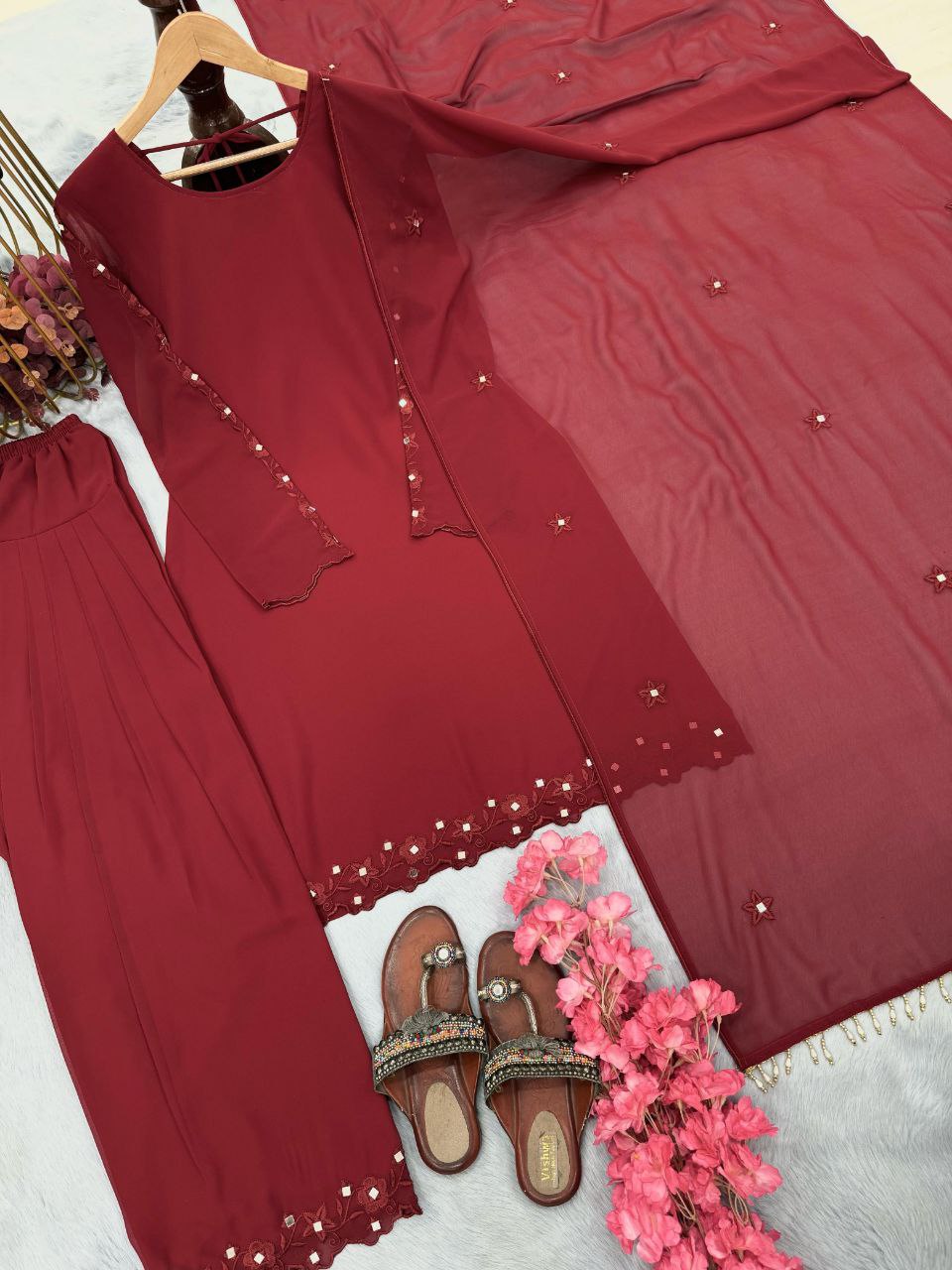 Designer Party Wear Georgette Top with Farshi Plazzo & Dupatta – Fully Stitched Set