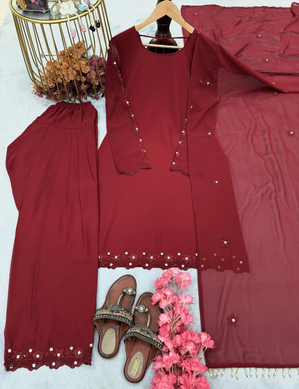Designer Party Wear Georgette Top with Farshi Plazzo & Dupatta – Fully Stitched Set